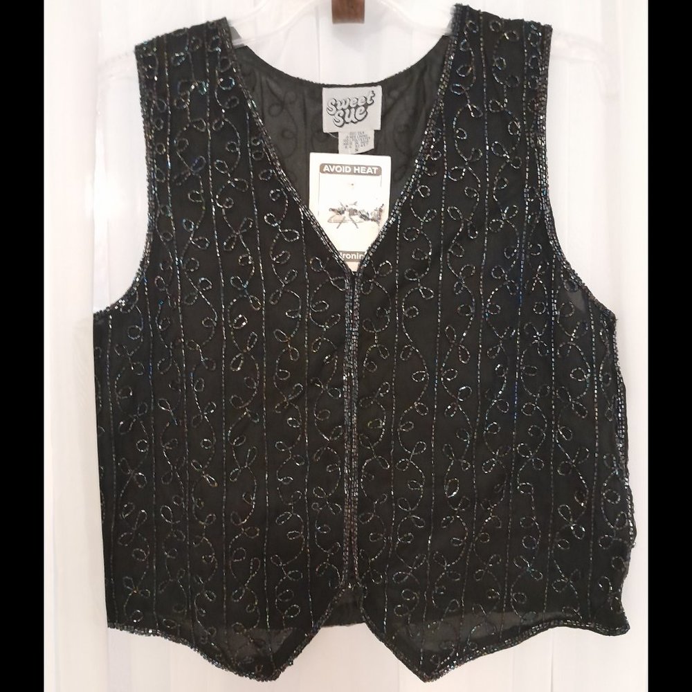 NEW Sweet Sue Black Opalescent Beaded Silk Vest